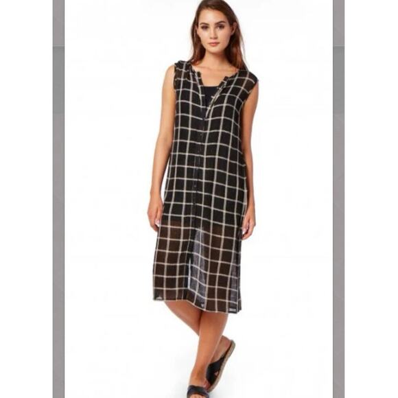 MICHAEL STARS Cotton Blend Plaid Mesh Knit Overlay Button Front Midi Dress Med